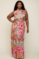 Pink Floral Mock Neck Plus Maxi Dress