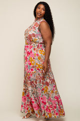 Pink Floral Mock Neck Plus Maxi Dress