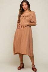 Taupe Gauze Smocked Maternity Midi Dress