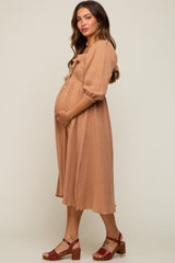 Taupe Gauze Smocked Maternity Midi Dress