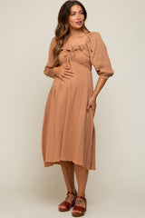 Taupe Gauze Smocked Maternity Midi Dress