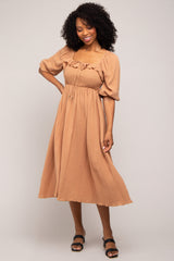 Taupe Gauze Smocked Maternity Midi Dress