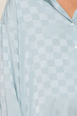 Light Blue Checkered Satin Button Up Maternity Top