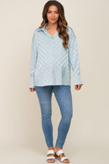 Light Blue Checkered Satin Button Up Maternity Top