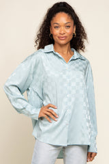 Light Blue Checkered Satin Button Up Maternity Top