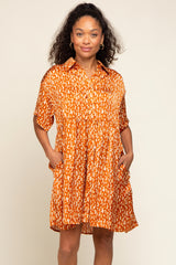 Rust Printed Satin Collared Dress