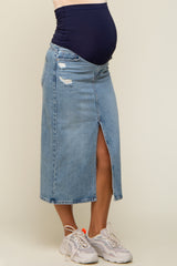 Light Blue Denim Front Slit Maternity Midi Skirt