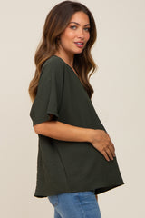 Olive Oversized V-Neck Pocket Front Maternity Blouse