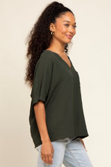 Olive Oversized V-Neck Pocket Front Blouse