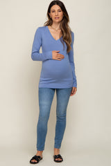 Blue Fitted Long Sleeve Maternity Top