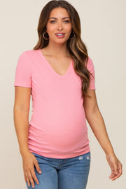 Pink Ribbed V-Neck Maternity Top