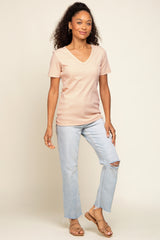 Beige Ribbed V-Neck Top