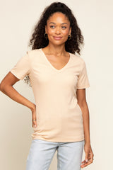 Beige Ribbed V-Neck Top