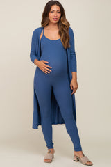 Blue Ribbed Maternity Jumpsuit Set