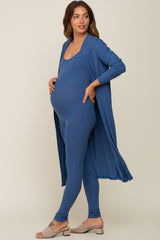 Blue Ribbed Maternity Jumpsuit Set