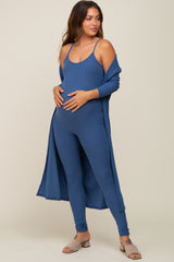 Blue Ribbed Maternity Jumpsuit Set