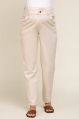 Beige Smocked Waist Straight Leg Maternity Jeans