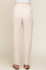 Beige Smocked Waist Straight Leg Maternity Jeans