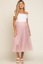 Light Pink Tulle Maternity Midi Skirt