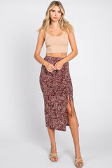 Burgundy Dot Print Ruched Slit Maternity Skirt