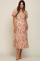 Pink Floral Button Puff Sleeve Maternity Midi Dress