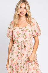 Pink Floral Button Puff Sleeve Midi Dress