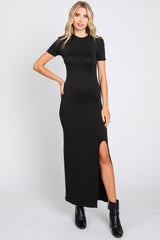 Black Mock Neck Front Slit Short Sleeve Maternity Maxi Dress