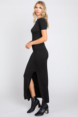 Black Mock Neck Front Slit Short Sleeve Maxi Dress