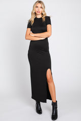 Black Mock Neck Front Slit Short Sleeve Maxi Dress