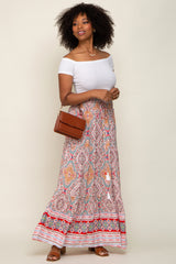 Red Printed Smocked Waist Maternity Maxi Skirt