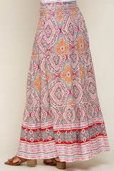 Red Printed Smocked Waist Maxi Skirt