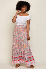 Red Printed Smocked Waist Maxi Skirt