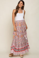 Red Printed Smocked Waist Maternity Maxi Skirt