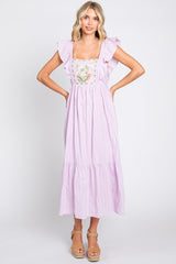 Lavender Floral Embroidered Tie Back Midi Dress