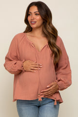 Mauve Tie Front Long Sleeve Maternity Blouse