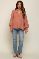 Mauve Tie Front Long Sleeve Maternity Blouse