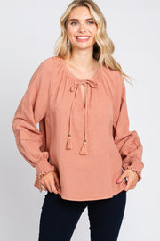 Mauve Tie Front Long Sleeve Blouse