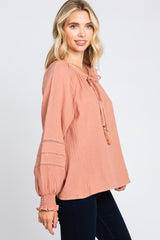 Mauve Tie Front Long Sleeve Blouse