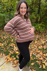 Brown Striped V-Neck Collared Maternity Sweater