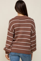 Brown Striped V-Neck Collared Maternity Sweater