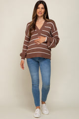 Brown Striped V-Neck Collared Maternity Sweater