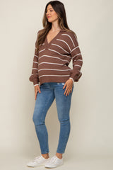 Brown Striped V-Neck Collared Maternity Sweater