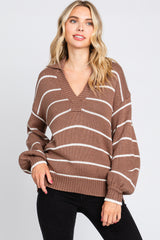 Brown Striped V-Neck Collared Maternity Sweater