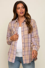 Lavender Plaid Button Up Raw Edge Maternity Flannel Top