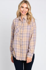 Lavender Plaid Button Up Raw Edge Flannel Top