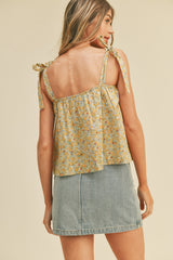 Golden Yellow Floral Floral Button Down Tie Strap Tank