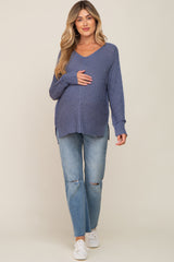 Blue Chunky Knit Side Slit Maternity Sweater