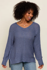 Blue Chunky Knit Side Slit Maternity Sweater