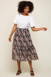 Black Floral Plisse Ruffle Accent Midi Skirt