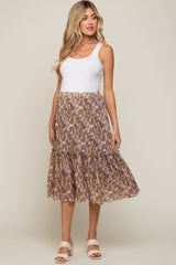 Mocha Floral Plisse Ruffle Accent Maternity Midi Skirt